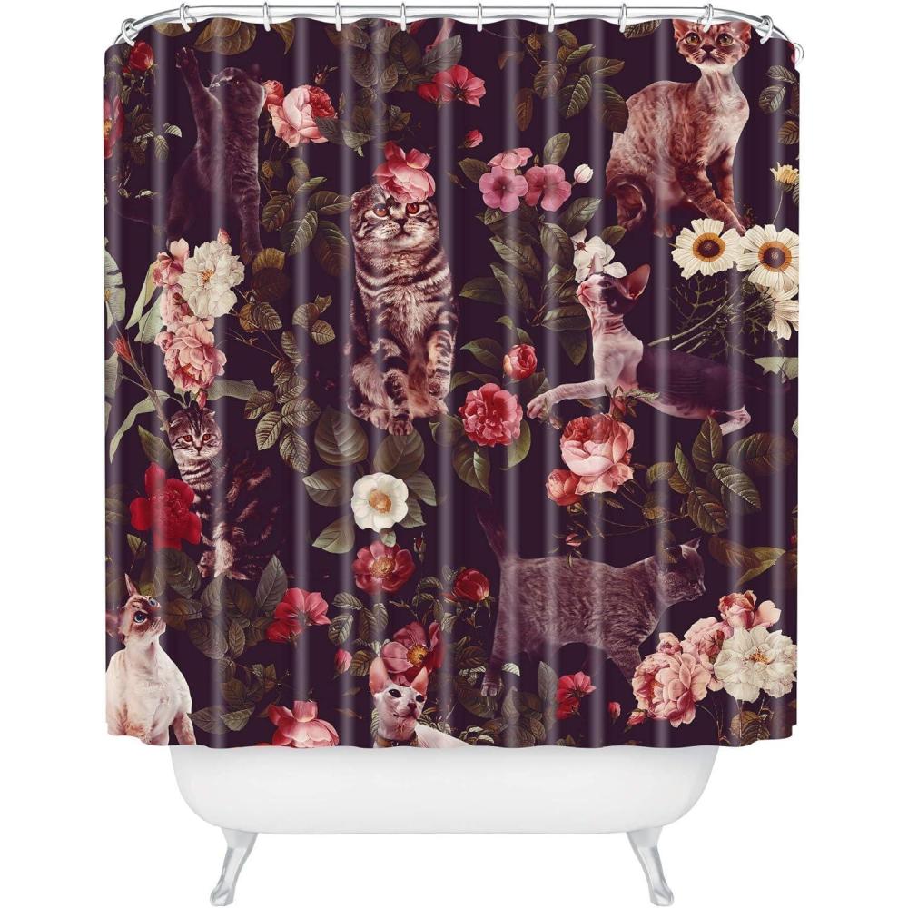 imageSociety6 Shower Curtain  Bathroom Decor by Burcu Korkmazyurek  Extra Long Fabric Shower Curtains for Bathroom 71 x 74 Floral and Birds IIICat and Floral Pattern
