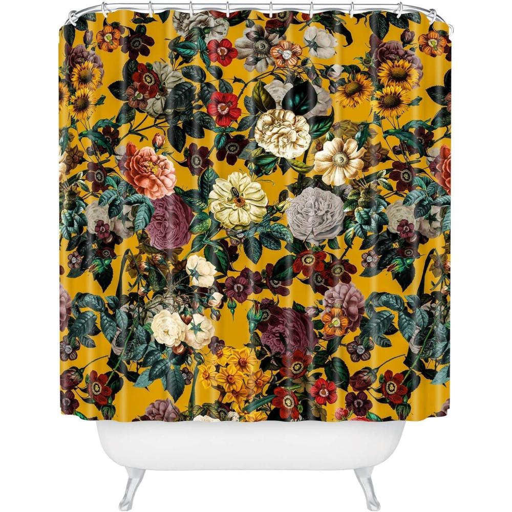 imageSociety6 Shower Curtain Bathroom Decor by Burcu Korkmazyurek Extra Long Fabric Shower Curtains for Bathroom 71 x 74 Floral and Birds IIIExotic Garden V