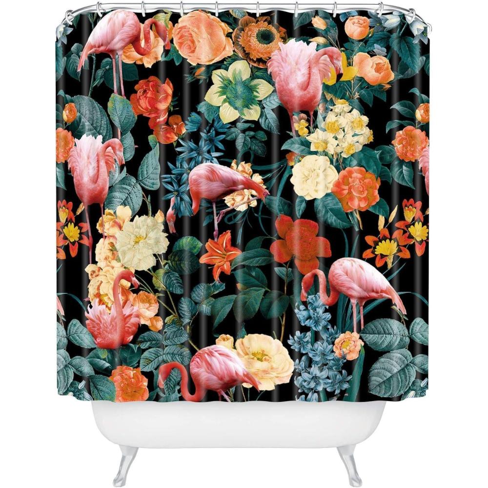 imageSociety6 Shower Curtain Bathroom Decor by Burcu Korkmazyurek Extra Long Fabric Shower Curtains for Bathroom 71 x 74 Floral and Birds IIIFloral and Flamingo II