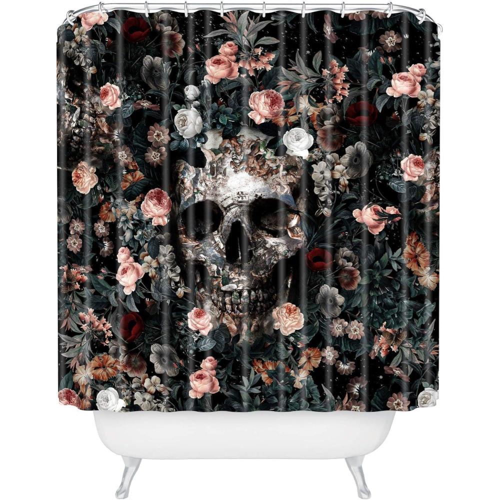 imageSociety6 Shower Curtain Bathroom Decor by Burcu Korkmazyurek Extra Long Fabric Shower Curtains for Bathroom 71 x 74 Floral and Birds IIISkull and Floral Pattern