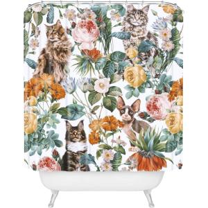 Society6 Shower Curtain – Bathroom Decor by Burcu Korkmazyurek – Extra Long Fabric Shower Curtains for Bathroom, 71″ x 74″, Floral and Birds III(Cat and Floral Pattern III)