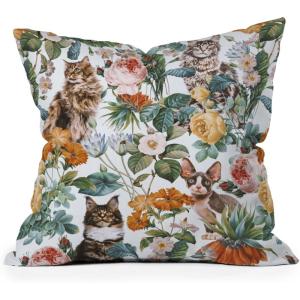Society6 Throw Pillows with Pillow Insert – Home Decor by Burcu Korkmazyurek – Decorative Accent Pillows for Couch or Bed, 16” x 16”, Summer Botanical Garden VIII(Cat and Floral Pattern III)