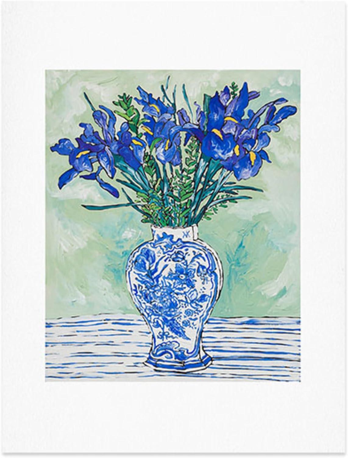imageSociety6 Nautical Striped Vase of Flowers Art Print Wall Decor by Lara Lee Meintjes Custom Trimmed Modern Wall Art Prints for Framing 18 x 24Iris Bouquet in Chinoiserie Vase