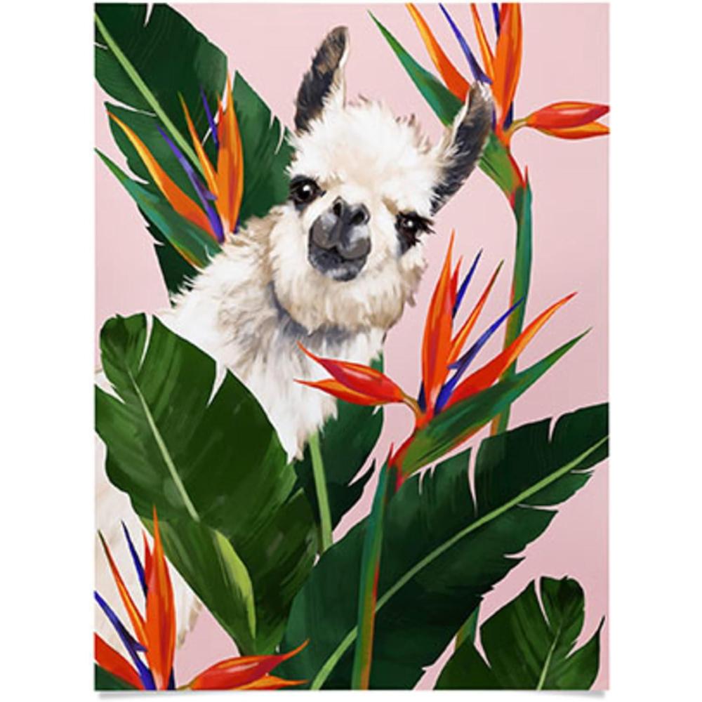 imageSociety6 Llama Waves in Pink Wall Art  Wall Decor by Big Nose Work  Smooth Gloss Paper 18 x 24Llama with Bird of Paradise