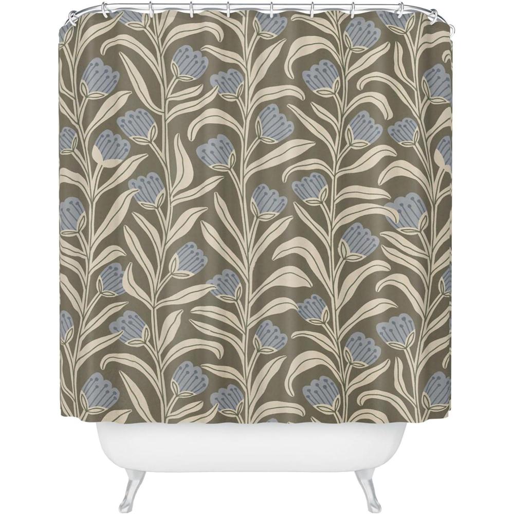 imageSociety6 Shower Curtain  Bathroom Decor by Alisa Galitsyna  Extra Long Fabric Shower Curtains for Bathroom 71 x 74 One Hundred Leaved Plant 9Bellflower Pattern Cream Olive