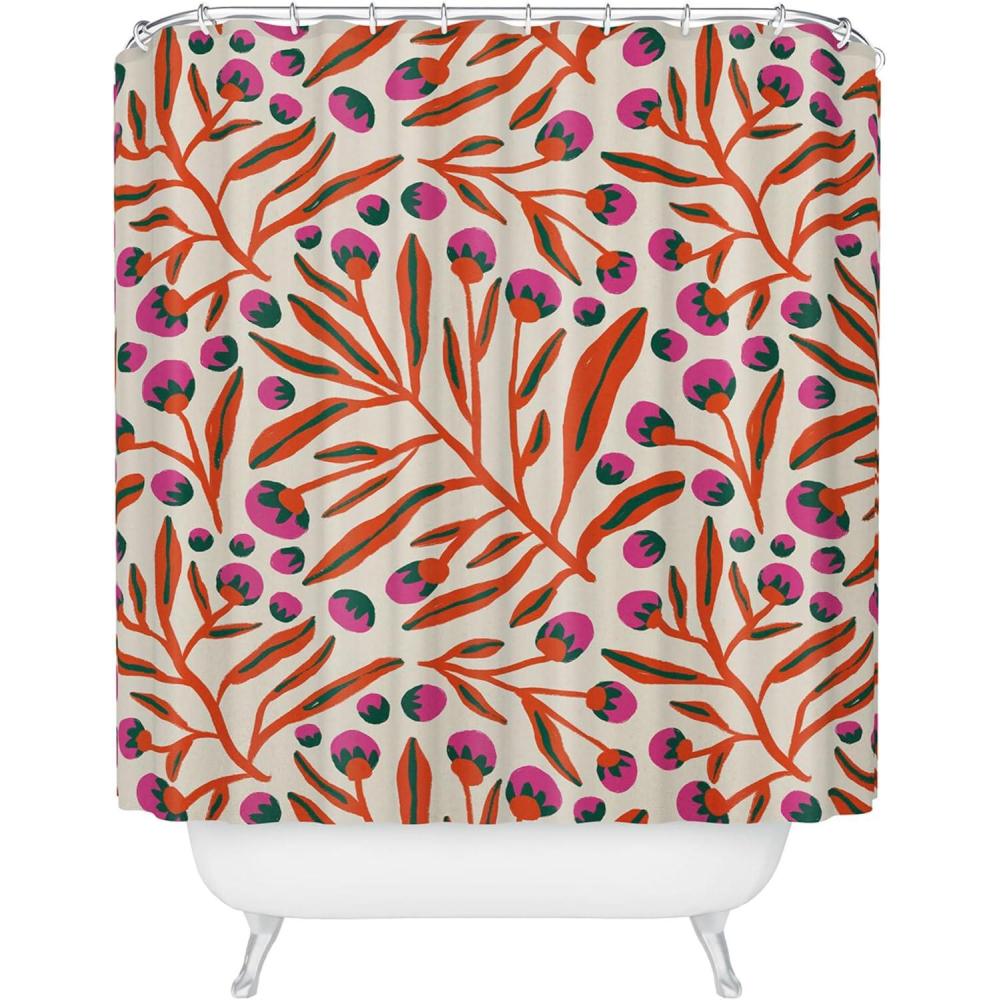 imageSociety6 Shower Curtain  Bathroom Decor by Alisa Galitsyna  Extra Long Fabric Shower Curtains for Bathroom 71 x 74 One Hundred Leaved Plant 9Red and Pink Berries