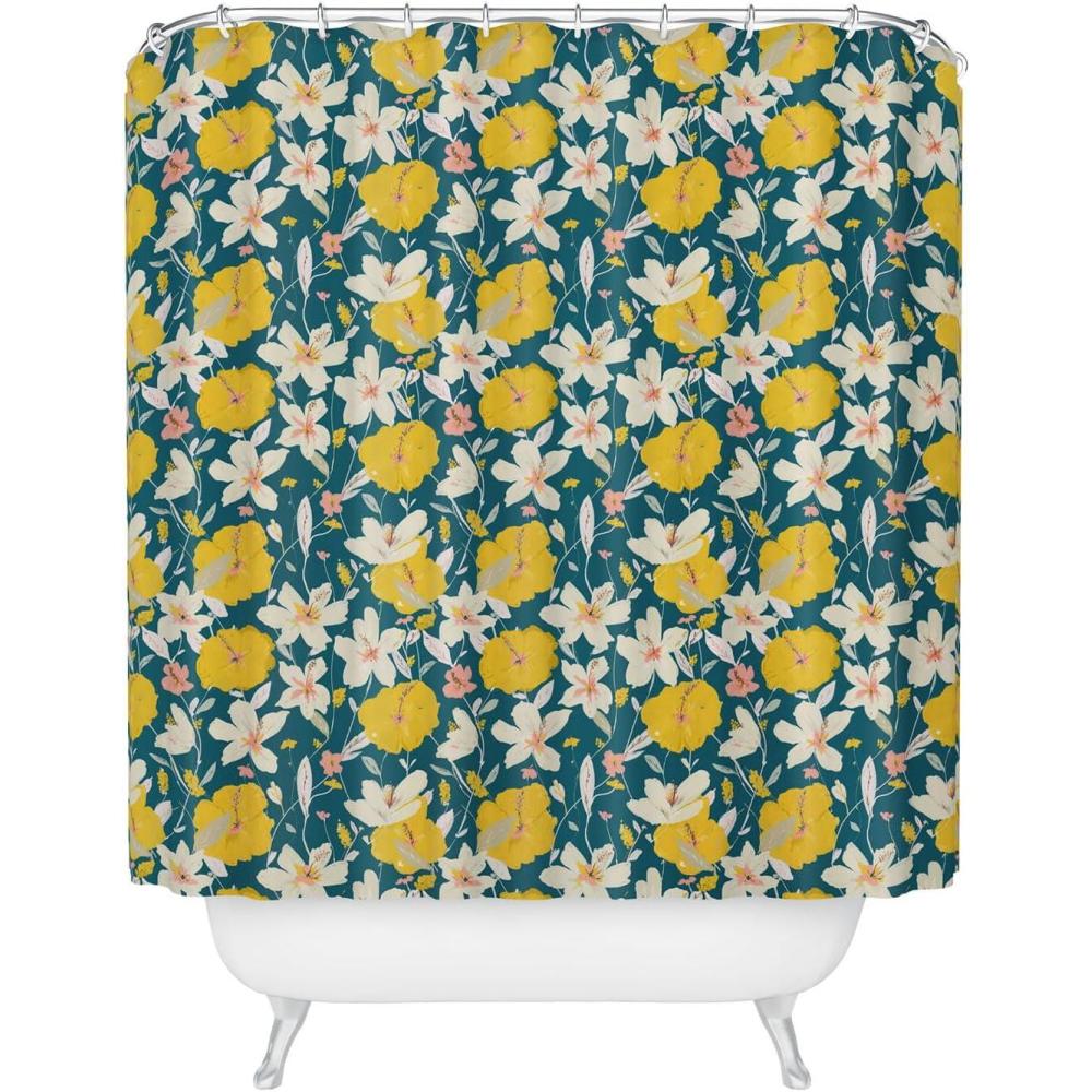 imageSociety6 Shower Curtain Bathroom Decor by Alison Janssen Extra Long Fabric Shower Curtains for Bathroom 72 x 69 Flower Stand BlueTropical Hibiscus