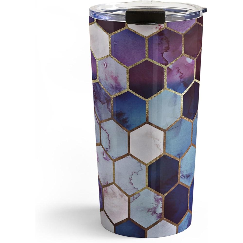imageSociety6 Travel Mug Insulated Coffee Mugs with Lids by Monika Strigel 20 oz Reusable Coffee Cup DoubleWall Vacuum Insulated Coffee Tumbler Within The Tides Rose To GreyRugged Marble Hexagon Blue