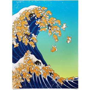 Society6 Llama Waves in Pink Wall Art – Wall Decor by Big Nose Work – Smooth Gloss Paper, 18″ x 24″(Shiba Inu Waves)