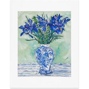 Society6 Nautical Striped Vase of Flowers Art Print – Wall Decor by Lara Lee Meintjes – Custom Trimmed Modern Wall Art Prints for Framing, 18” x 24”(Iris Bouquet in Chinoiserie Vase)
