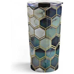 Society6 Travel Mug – Insulated Coffee Mugs with Lids by Monika Strigel – 20 oz Reusable Coffee Cup, Double-Wall Vacuum Insulated Coffee Tumbler, Within The Tides – Rose To Grey(Rugged Marble Blue Green)