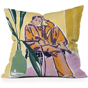 Society6 Home Annick-Decorative Accent Couch or Bed Throw Pillow Insert, 16″x16″, Palm Leaves Arch Pattern Rust(Woman Wearing Yellow Pajamas)