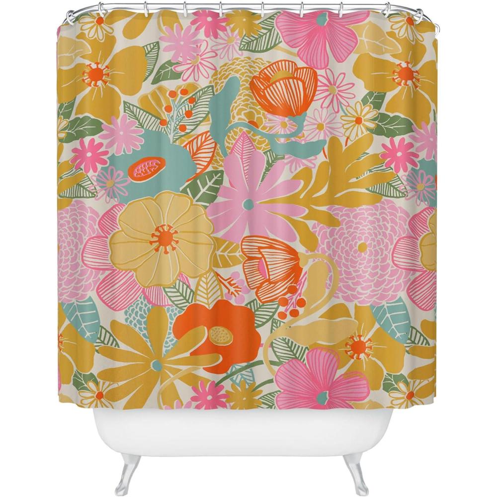 imageSociety6 Shower Curtain Bathroom Decor by Megan Galante Extra Long Fabric Shower Curtains for Bathroom 71 x 74 Boho Botanica Black60s Retro Floral