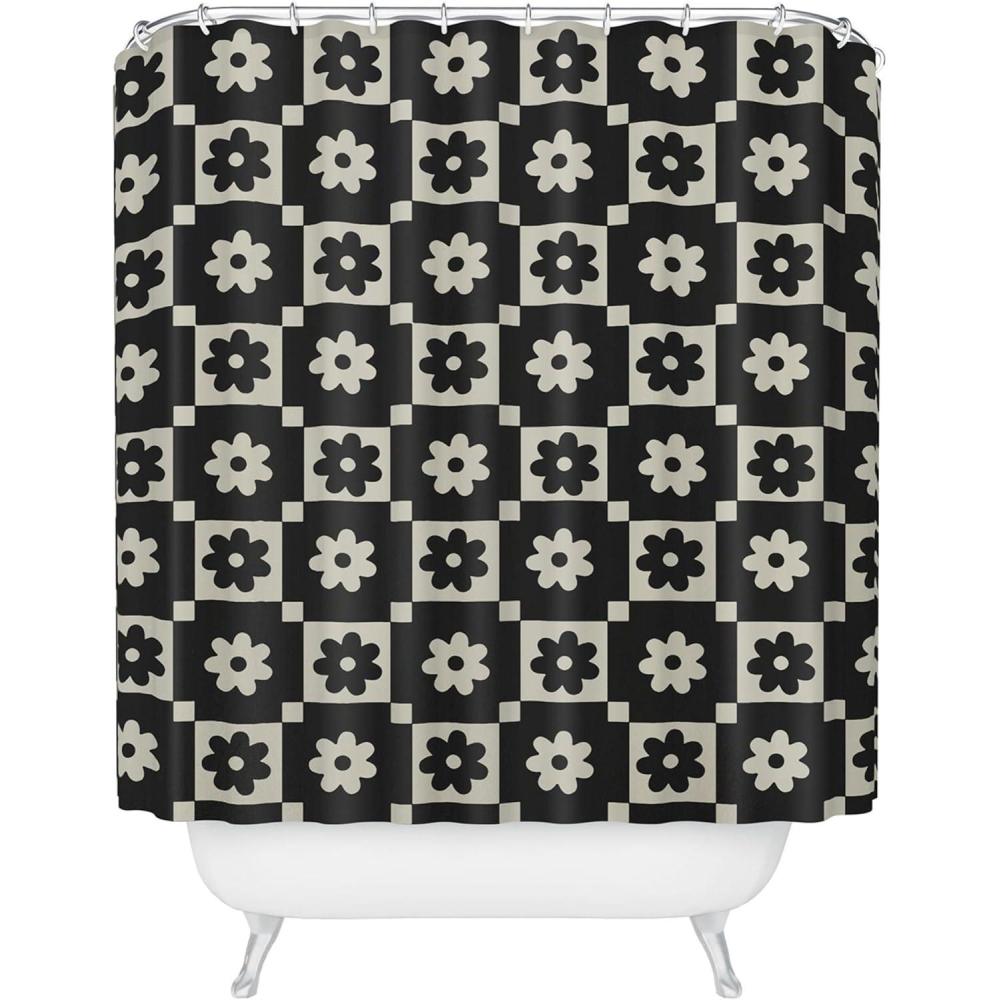 imageSociety6 Shower Curtain  Bathroom Decor by Megan Galante  Extra Long Fabric Shower Curtains for Bathroom 71 x 74 Boho Botanica BlackCheckered Daisy Black Ink