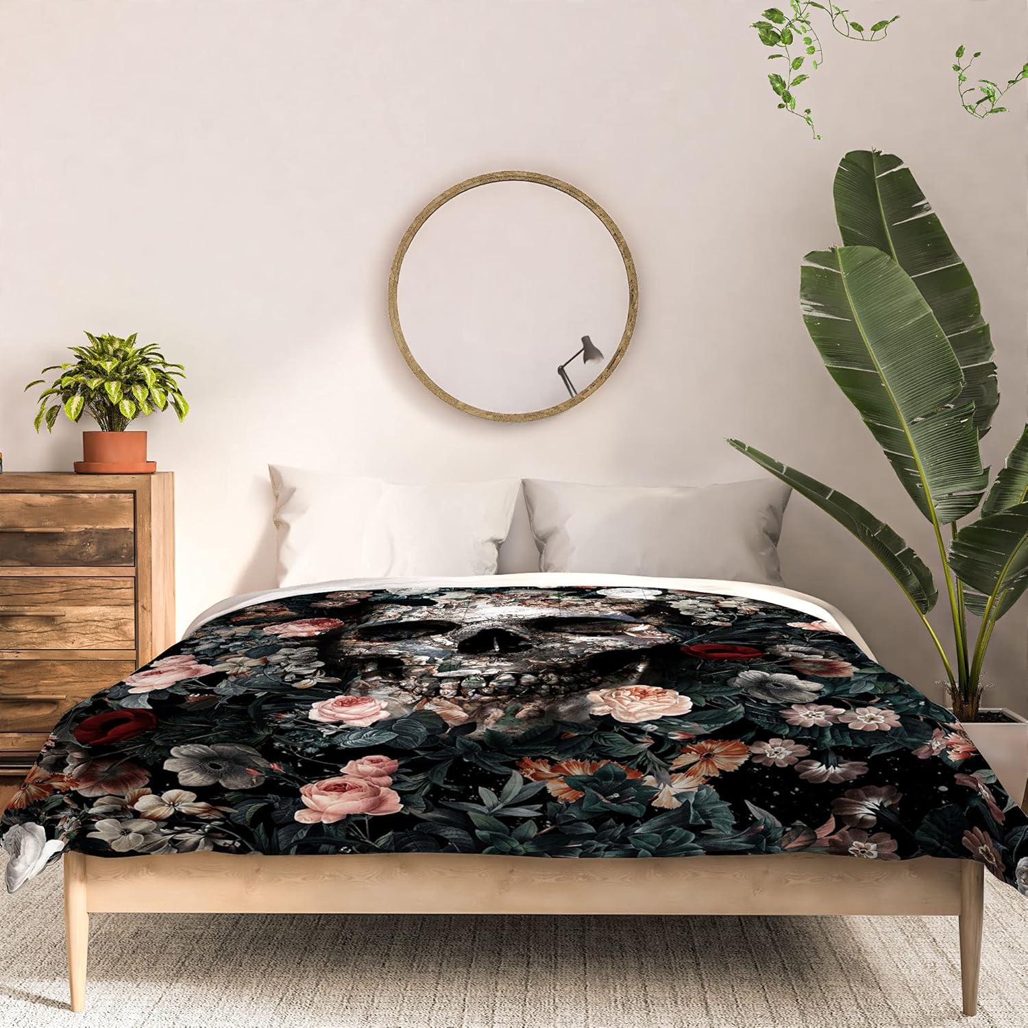 imageSociety6 2021 Cotton Comforter King Anitas amp Bellas Artwork Gold Palm Leaves Dream 1Burcu Korkmazyurek Skull and Floral Pattern