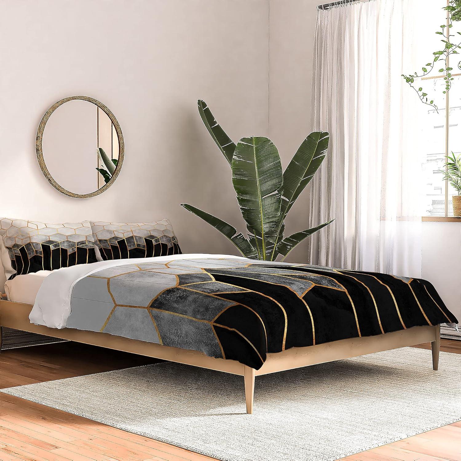 imageSociety6 2021 Cotton Comforter King Anitas amp Bellas Artwork Gold Palm Leaves Dream 1Elisabeth Fredriksson Charcoal Hexagons