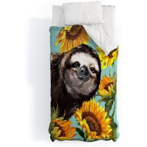 Society6 2021 Cotton Comforter, King, Anita’s & Bella’s Artwork Gold Palm Leaves Dream 1(Big Nose Work Sneaky Sloth With Sunflowers)